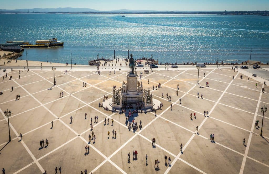 Commerce Square in Lisbon capital city, view from Rua Agusta Triumphal Arch, Portugal